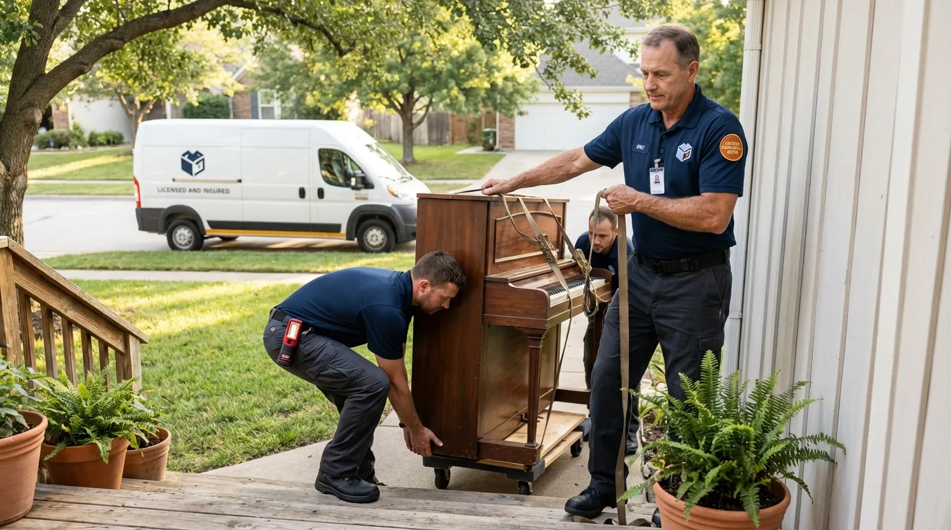 Licensed piano movers securing grand piano in Stoneboro, PA