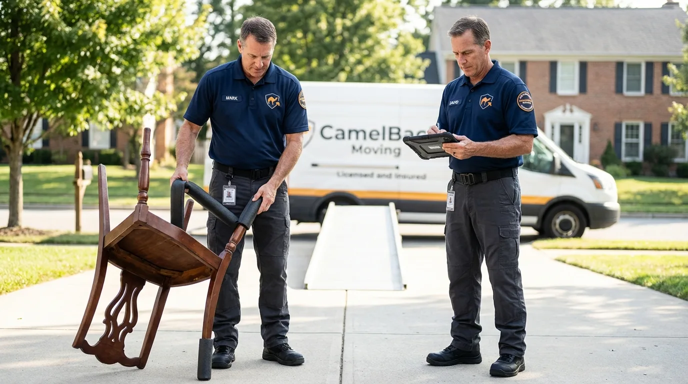 Movers inspecting furniture for damage prevention before loading in Stoneboro, PA