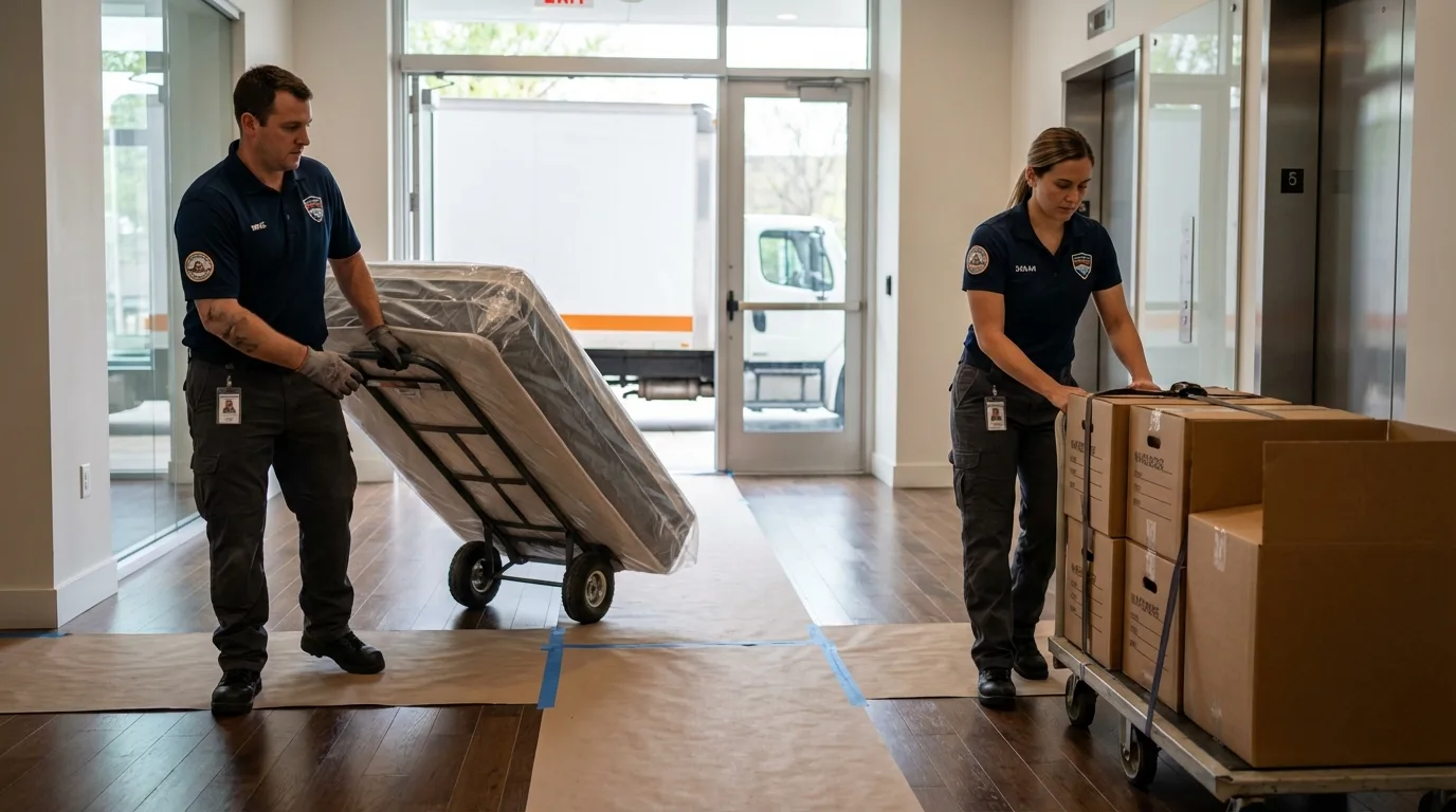 Professional apartment movers loading elevator in Stoneboro, PA